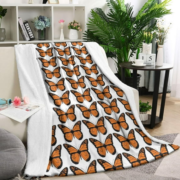 White Butterfly Orange Pattern Blanket,Comfortable Soft Flannel Throw Blanket,All Season,Warm Lightweight Blankets for Sofa Bed Couch Living Room Chair,40"x50"