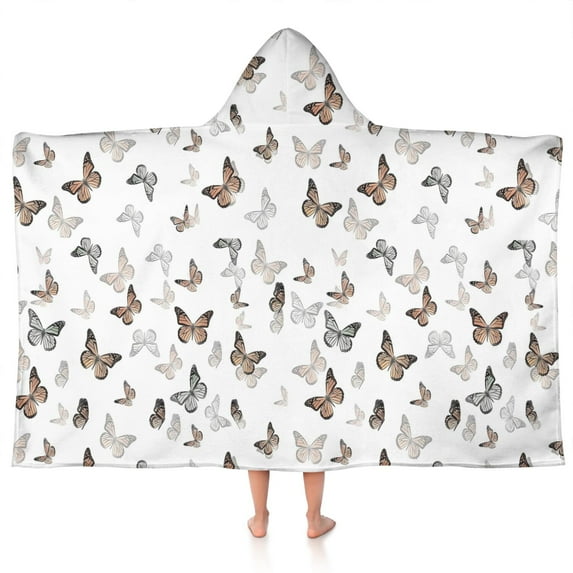 White Butterfly Pattern Hooded Bath Towel,50"x30" for Ages 3 To 12 Kids, Quick Dry Lightweight Soft Microfiber Hood Beach Towel Cover Up for Kids