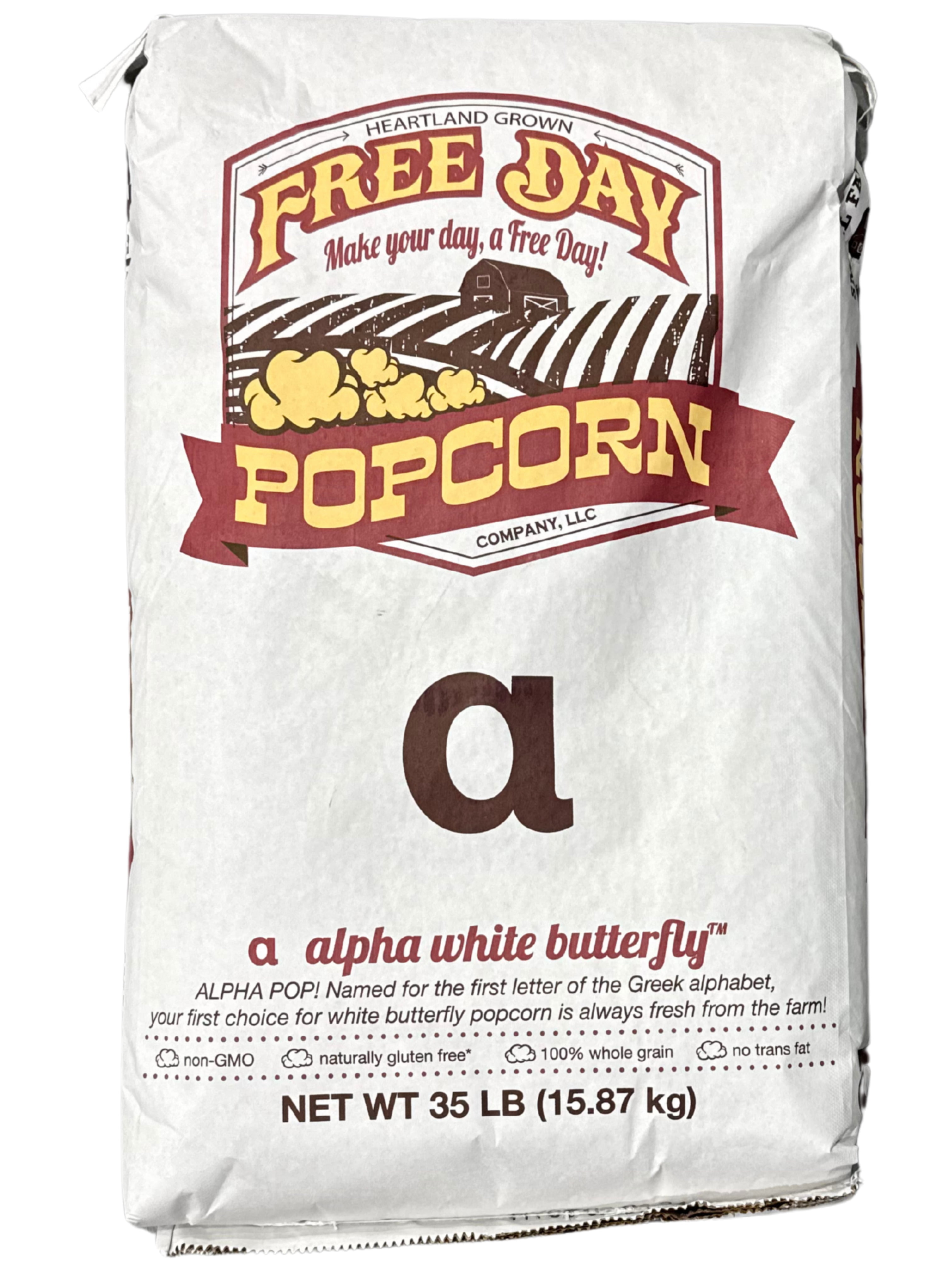 Free Day WHITE Popcorn, 35 lb Bag | farm fresh, non-GMO, white butterfly kernels | Small Farm. Big Flavor.