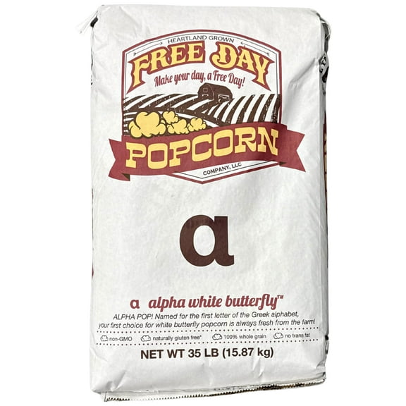 Free Day WHITE Popcorn, 35 lb Bag | farm fresh, non-GMO, white butterfly kernels | Small Farm. Big Flavor.