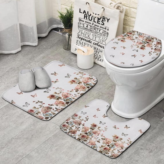 White Butterfly Rose Pattern Bathroom Rugs Sets 3 Piece,Toilet Cover Set,Absorbent Non Slip Bathroom Mats Sets with U-Shaped Contour Rug Toilet Rug Set