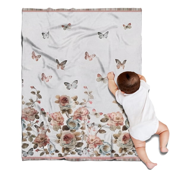 White Butterfly Rose Pattern Blanket,Comfortable Soft Flannel Throw Blanket,All Season,Warm Lightweight Blankets for Sofa Bed Couch Living Room Chair,30"x40"