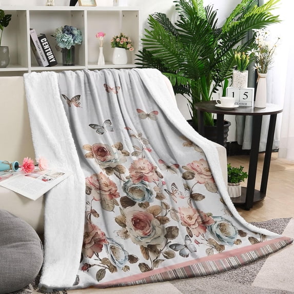 White Butterfly Rose Pattern Blanket,Comfortable Soft Flannel Throw Blanket,All Season,Warm Lightweight Blankets for Sofa Bed Couch Living Room Chair,60"x80"