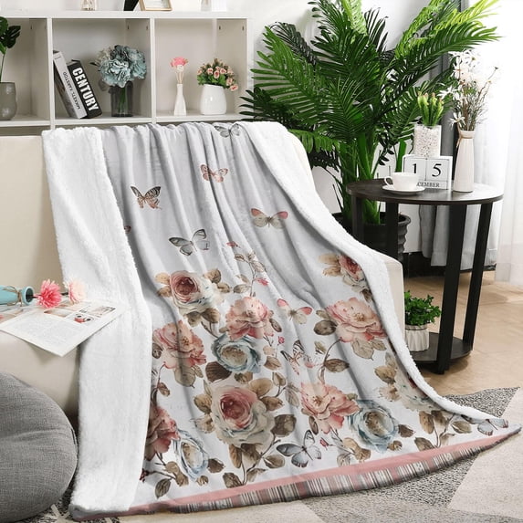 White Butterfly Rose Pattern Blanket,Comfortable Soft Lamb Wool Throw Blanket,All Season,Warm Lightweight Blankets for Sofa Bed Couch Living Room Chair,50"x60"