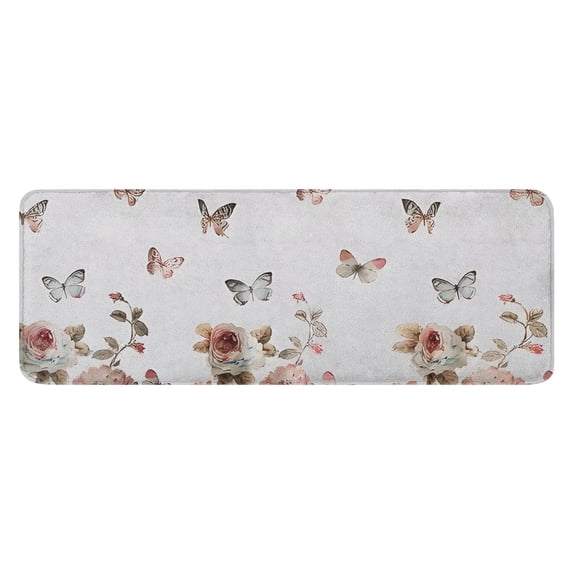 White Butterfly Rose Pattern Kitchen Rug Mat,Kitchen Runner Rugs Non Skid Washable,Decorative Kitchen Floor Mats for Kitchen,Sink,Laundry,17"x47.2"