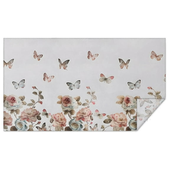 White Butterfly Rose Pattern Rectangle Tablecloth 60"x102",Waterproof Polyester Rectangle Table Cloth, Wipeable Spillproof Polyester Tablecloth for Dining, Camping, Indoor and Outdoor