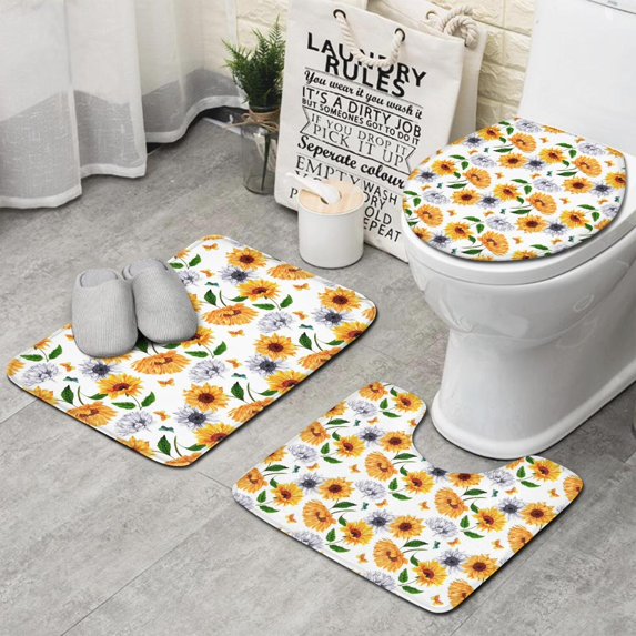 White Butterfly Sunflower Pattern Bathroom Rugs Sets 3 Piece,Toilet Cover Set,Absorbent Non Slip Bathroom Mats Sets with U-Shaped Contour Rug Toilet Rug Set