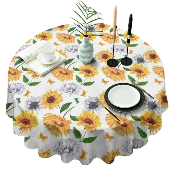 White Butterfly Sunflower Pattern Round Tablecloth 60"x60",Wrinkle Wipeable Table Cloth for Kitchen Dining Room Picnic Patio Party