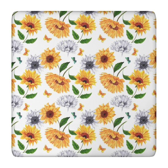 White Butterfly Sunflower Pattern Square Fitted Tablecloth with Elastic Edge,Square Table Cover,Washable Elastic Table Cover for Home Kitchen Party Decor 36"x36"