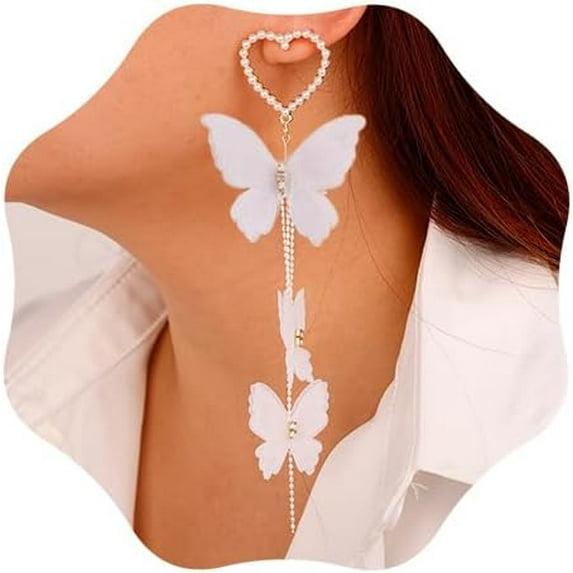 White Butterfly Tassel Drop Earrings Pearl Heart Crystal Beaded Butterfly Dangle Earrings Fairy Animal Charm Earrings for Women