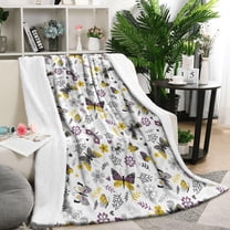White Butterfly Yellow Purple Flower Pattern Blanket,Comfortable Soft Flannel Throw Blanket,All Season,Warm Lightweight Blankets for Sofa Bed Couch Living Room Chair,50"x60"
