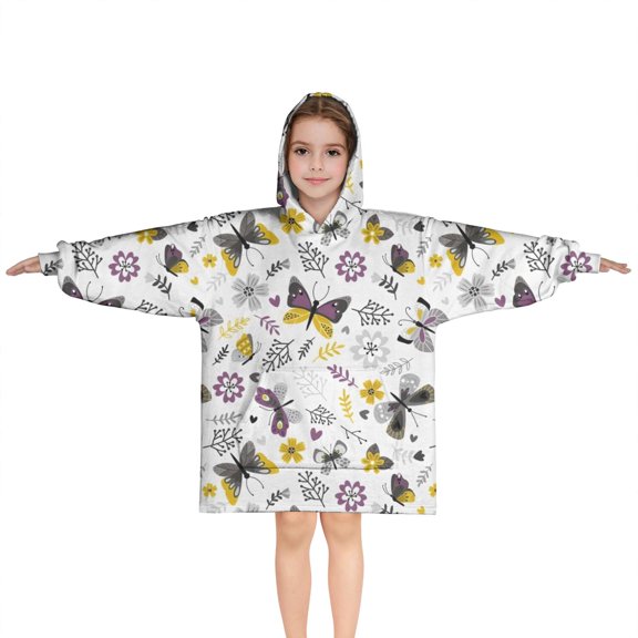 White Butterfly Yellow Purple Flower Pattern Blanket Hoodies for Kids 6-13YR Oversize Wearable Blanket Hoodies for Boys Girls Teens