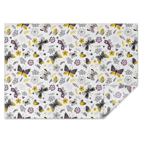White Butterfly Yellow Purple Flower Pattern Rectangle Tablecloth 60"x84",Waterproof Polyester Rectangle Table Cloth, Wipeable Spillproof Polyester Tablecloth for Dining, Camping, Indoor and Outdoor