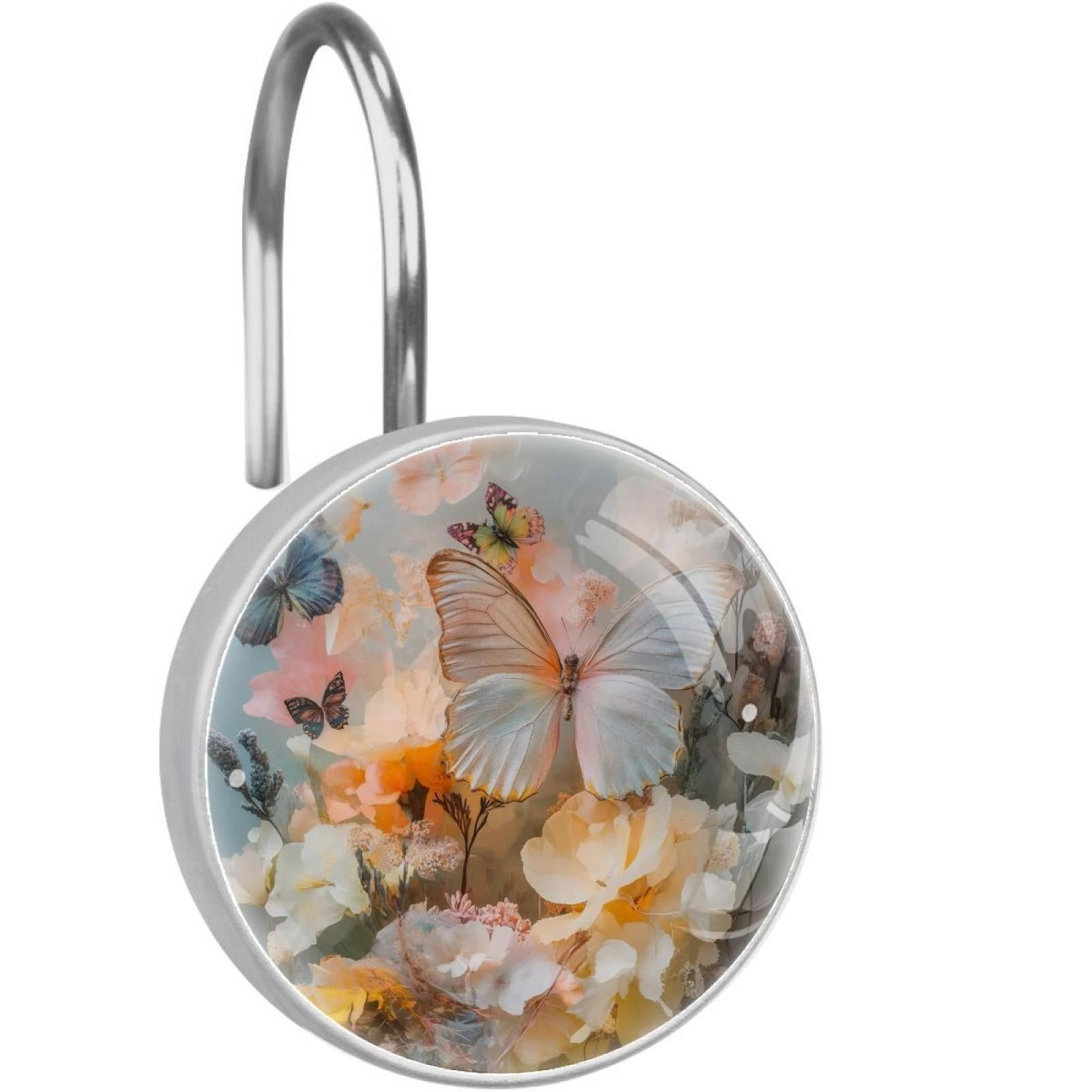 White Butterfly with Flowers Shower Curtain Hooks Round Crystal Glass, Set of 12 Shower Curtain Rings - Shower Hooks for Curtain Shower Rings
