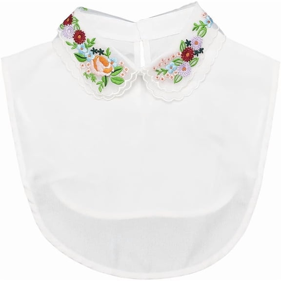 White Button Up Collar Embroidery Flower Chiffon Polyester Detachable Dickey Blouse False Decorative Collars Half Shirt Adjustable Strap for Women Clothing Dresses Sweaters Accessories White