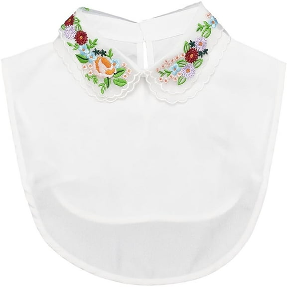 White Button Up Collar Embroidery Flower Chiffon Polyester Detachable Dickey Blouse False Decorative Collars Half Shirt Adjustable Strap for Women Clothing Dresses Sweaters Accessories