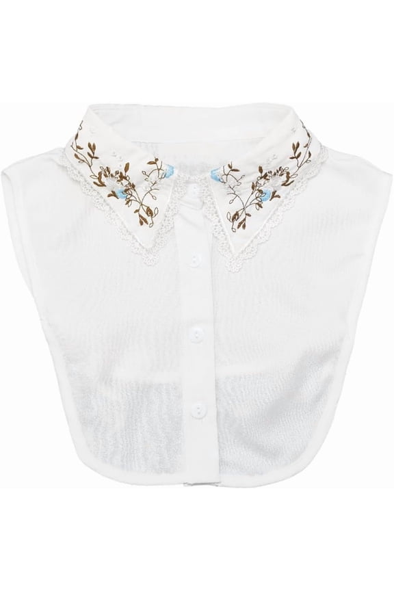 White Button Up Collar Embroidery Flower Pattern Polyester Detachable Dickey Blouse False Decorative Collars Half Shirt Adjustable Strap for Women Clothing Dresses Sweaters Accessories 1pc