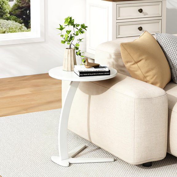 White C-Shape End Table, Round Side Table for Sofa, Slide-Under Design, 15