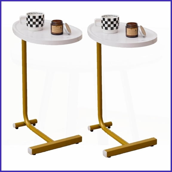 White C-Shaped Coffee Table  Space-Saving Steel & MDF Side Table Easy to Slide Under Sofa/Bed