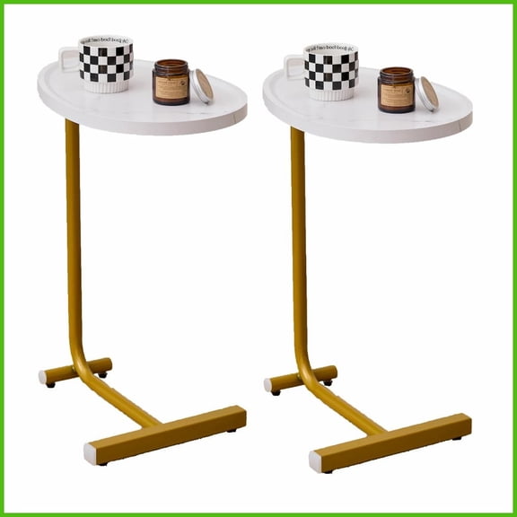 White C-Shaped Coffee Table  Space-Saving Steel & MDF Side Table Easy to Slide Under Sofa/Bed