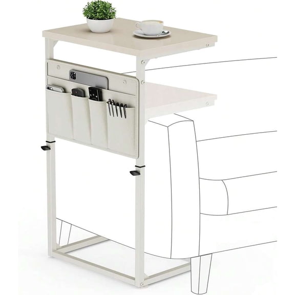 White C-Shaped Sofa Side Table With Adjustable Height, Metal Frame And Fabric Storage Pockets For Living Room