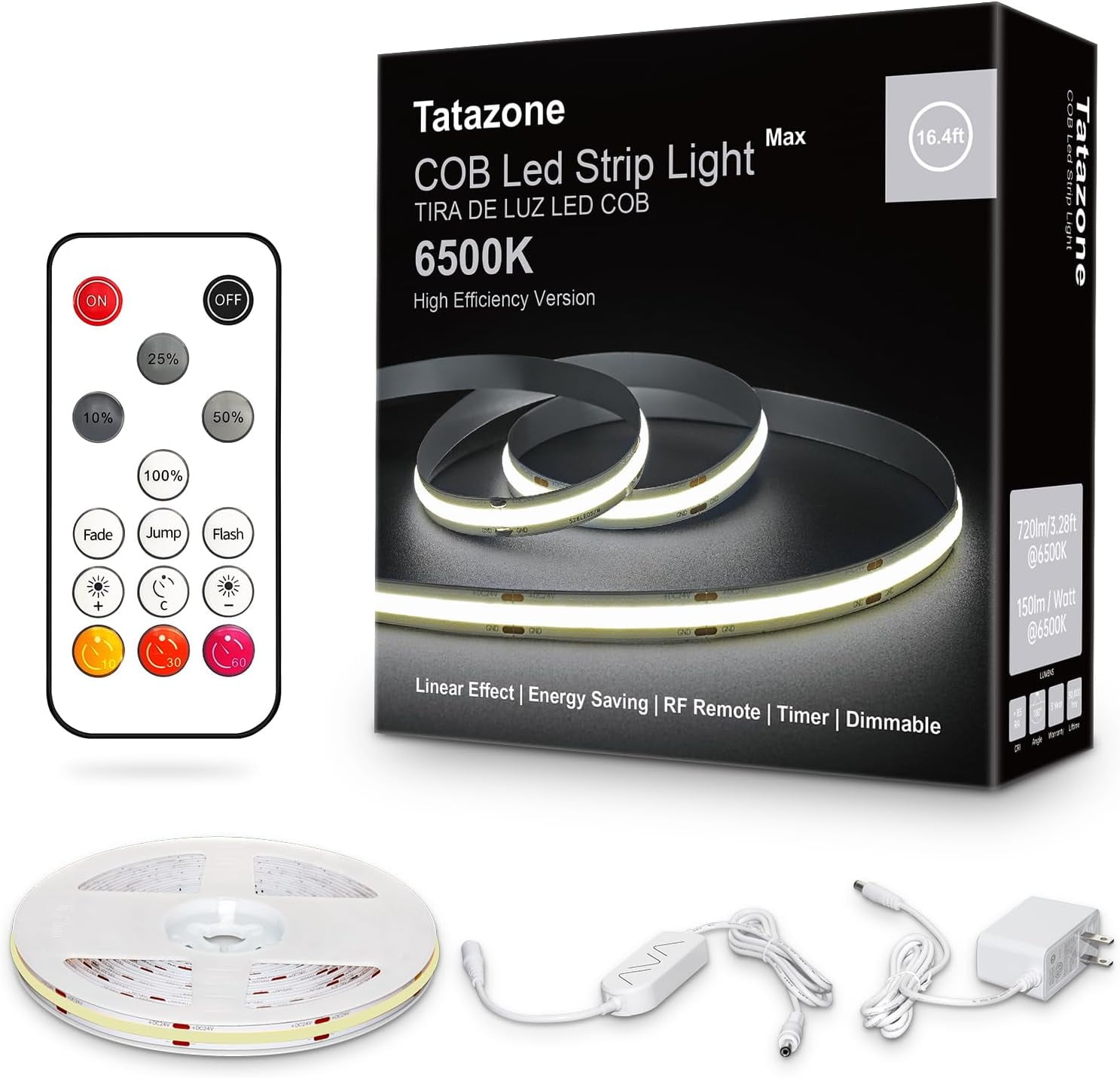 White COB Led Strip Light Max with RF Remote, 16.4ft 6500K Dimmable