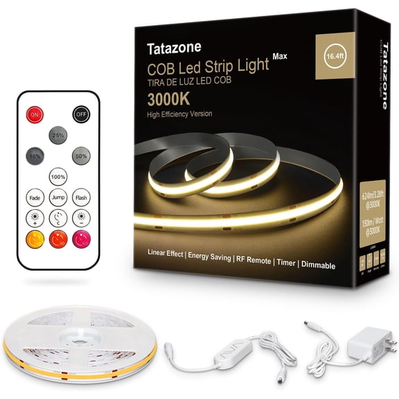White COB Led Strip Lights Max with RF Remote, 16.4ft 3000K Dimmable Ultra Bright Warm White COB Light Strip, Adhesive Indoor COB Led Lights for Living Room, Shelf, Cabinet