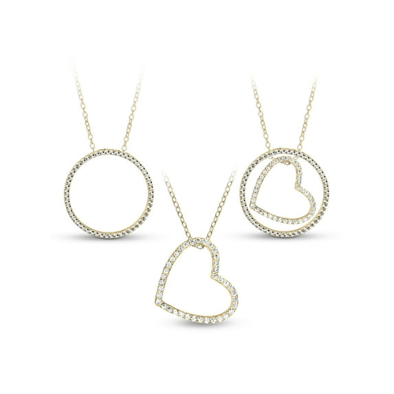 White CZ 18kt Gold over Sterling Silver Heart Circle 3-in-1 Interchangeable Necklace, 18"