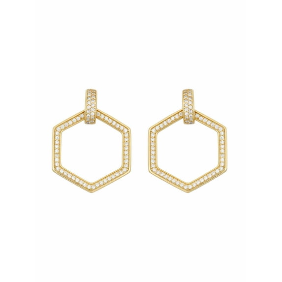 White CZ 18kt Gold over Sterling Silver Open Hexagon Post Dangle Earrings