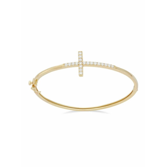 White CZ 18kt Gold over Sterling Silver Sideways Cross Bangle