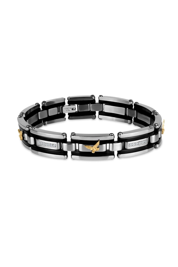 White CZ 316L Stainless Steel Black IP and Gold IP Eagle Railroad Link Bracelet, 8.5"