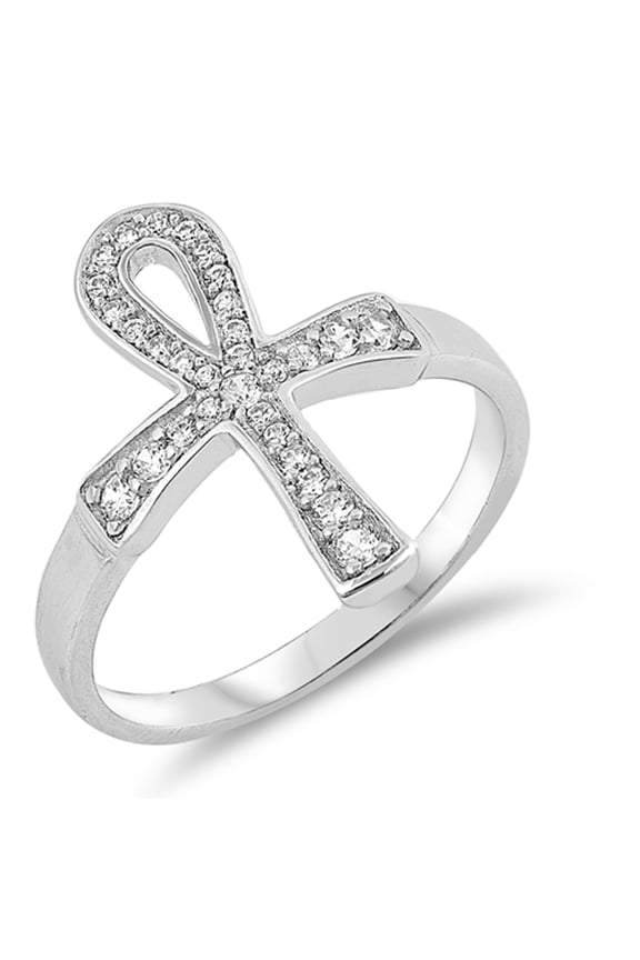 White CZ Ankh Cross Journey Pave Ring .925 Sterling Silver Micro Band Jewelry Female Size 9