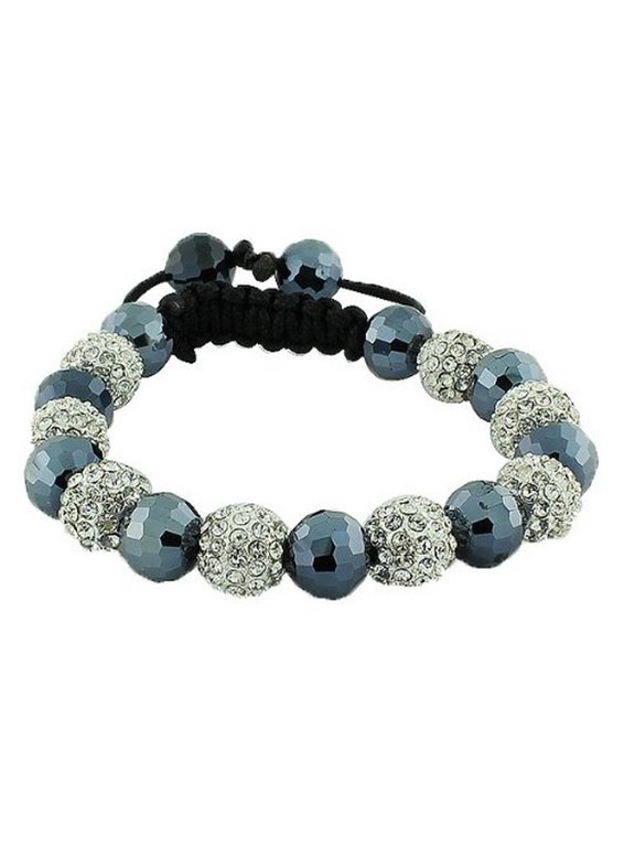 White CZ Black Cord Simulated Onyx Macrame Beaded Bracelet