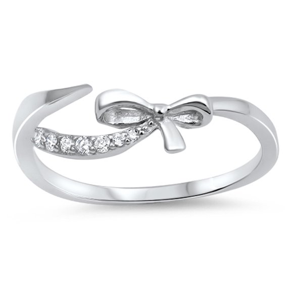 White CZ Bow Ribbon Knot Present Gift Ring .925 Sterling Silver Band Jewelry Female Size 8