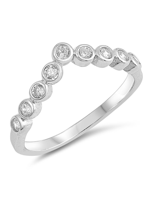 White CZ Chevron Pointed V Shape Bezel Ring .925 Sterling Silver Band Jewelry Female Size 8