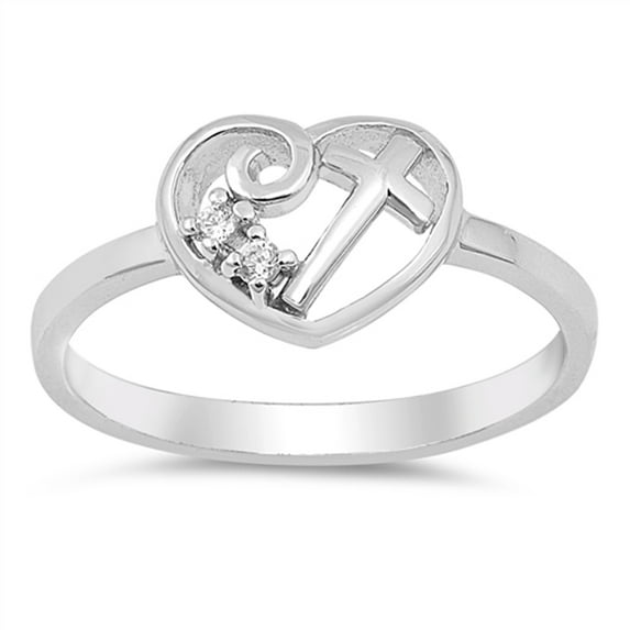 White CZ Heart Cross Promise Ring .925 Sterling Silver Christian Band Jewelry Female Size 10