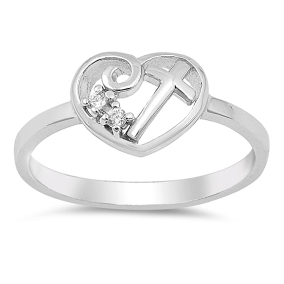White CZ Heart Cross Promise Ring .925 Sterling Silver Christian Band Jewelry Female Size 8