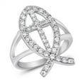 thumbnail image 1 of White CZ Micro Pave Cross Fish Christian Ring Sterling Silver Band 925 Jewelry Female Size 5, 1 of 4