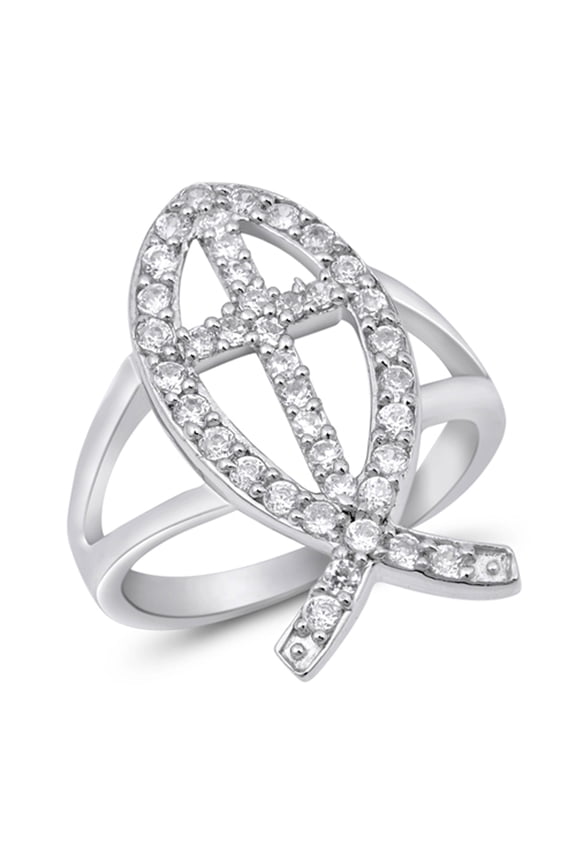 White CZ Micro Pave Cross Fish Christian Ring Sterling Silver Band 925 Jewelry Female Size 5