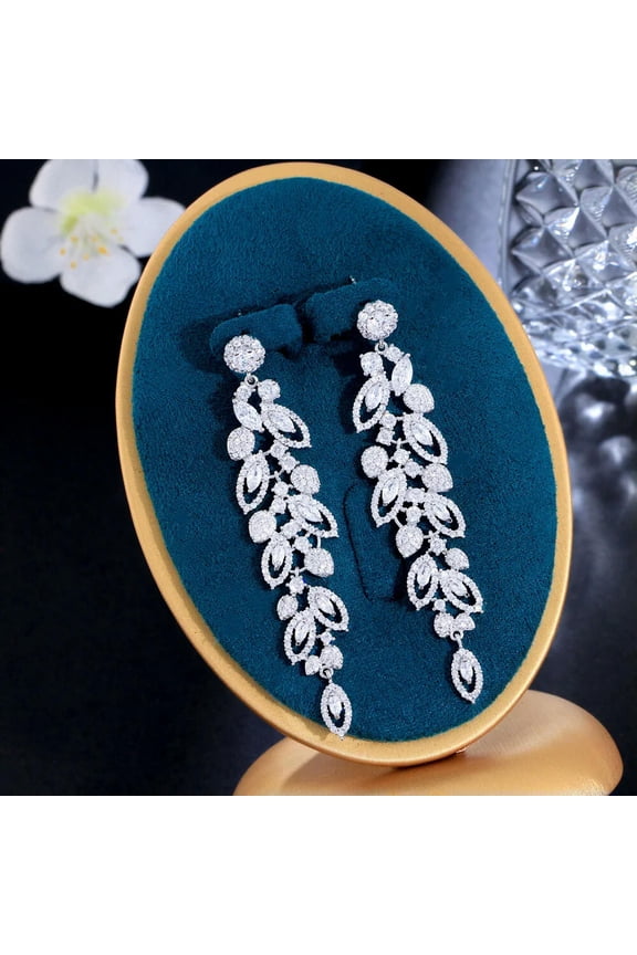 White CZ Round Long Leaf Dangle Drop Ear Earrings for Brides Women Party Gift