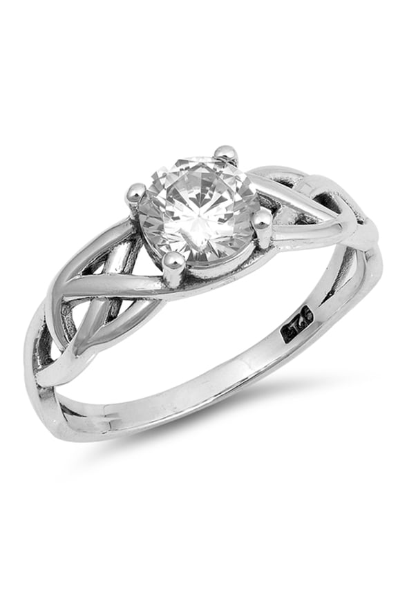White CZ Round Solitaire Celtic Knot Ring .925 Sterling Silver Band Jewelry Female Size 6