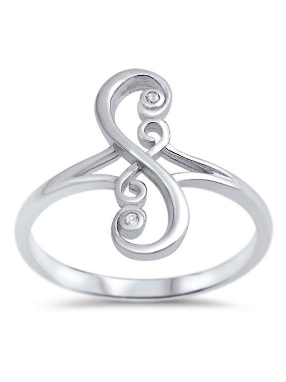White CZ S Script Swirl Infinity Wave Ring .925 Sterling Silver Band Jewelry Female Size 5
