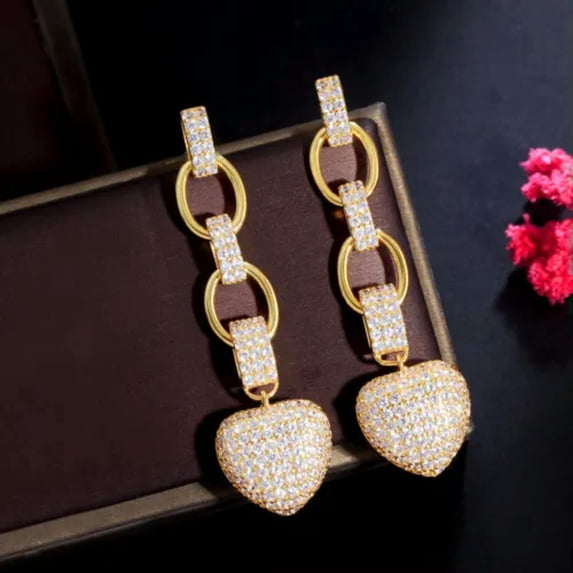 White CZ Silver Plated Women Cuban Link Heart Charm Dangle Drop Long Earrings
