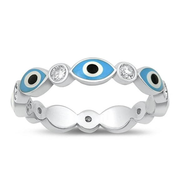 White CZ Simulated Mother of Pearl Evil Eye Ring 925 Sterling Silver Band Jewelry Female Size 9