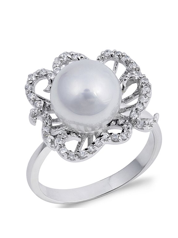 White CZ Simulated Pearl Micro Pave Flower Ring Sterling Silver Band 925 Jewelry Female Size 5
