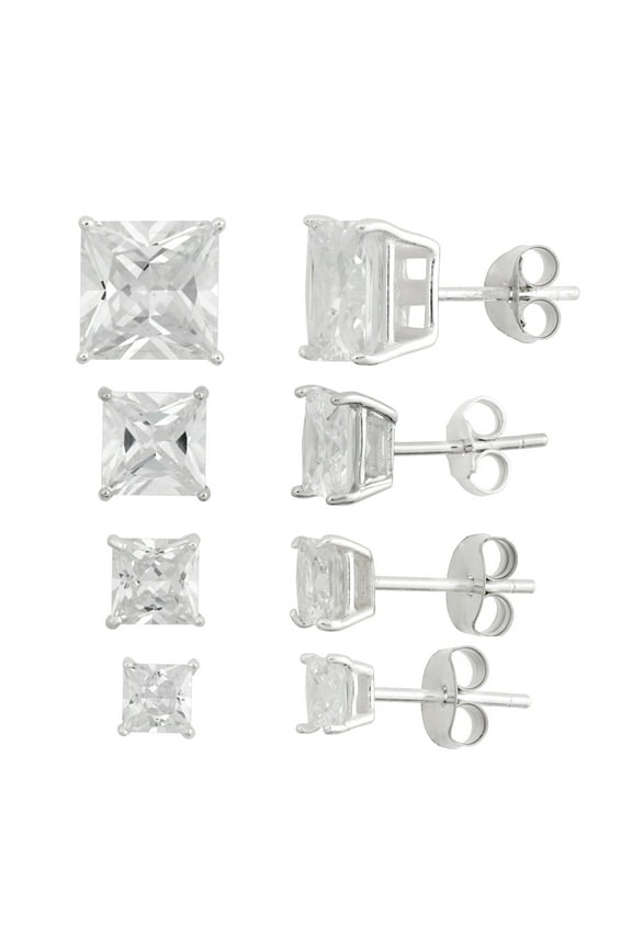 White CZ Square 4mm, 5mm, 7mm and 8mm Sterling Silver Stud Earrings Set