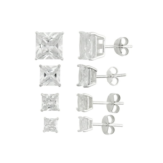 White CZ Square 4mm, 5mm, 7mm and 8mm Sterling Silver Stud Earrings Set