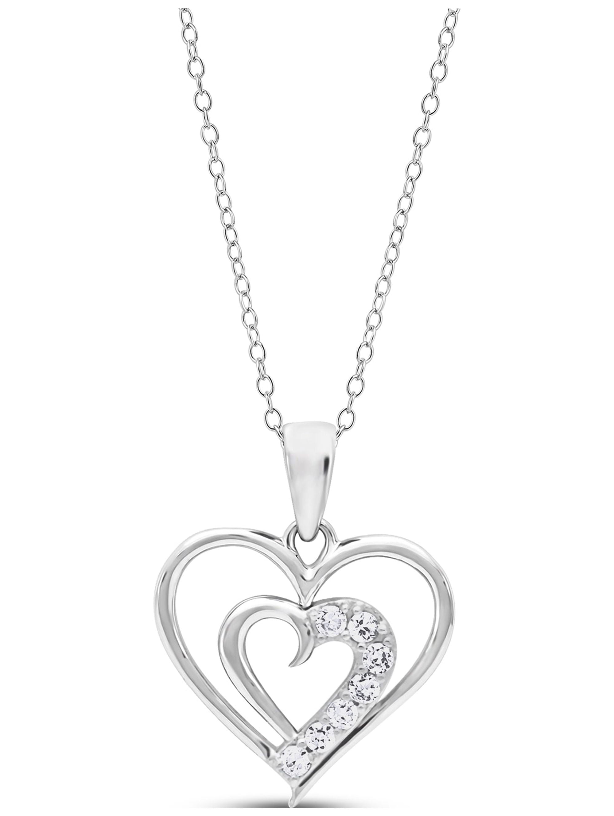 White CZ Sterling Silver Double Polished Heart Pendant, 18