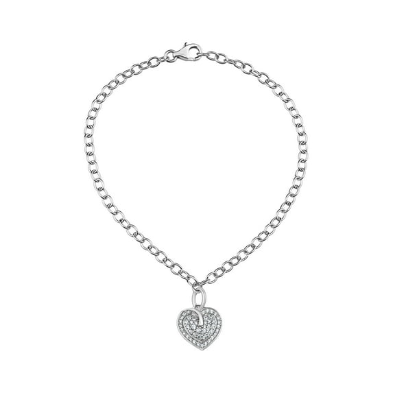 White CZ Sterling Silver Heart Charm Bracelet, 8"