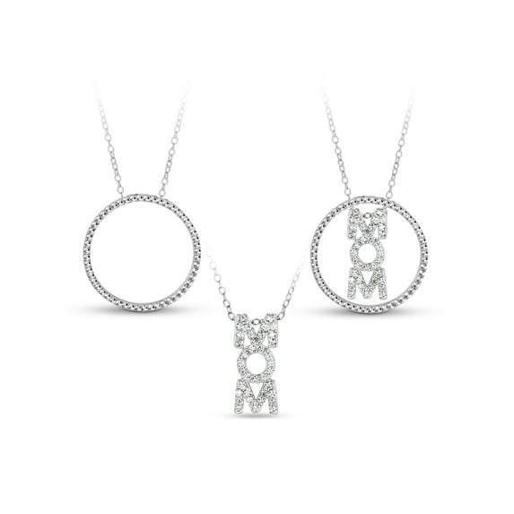 White CZ Sterling Silver Vertical Mom Circle 3-in-1 Interchangeable Necklace, 18"